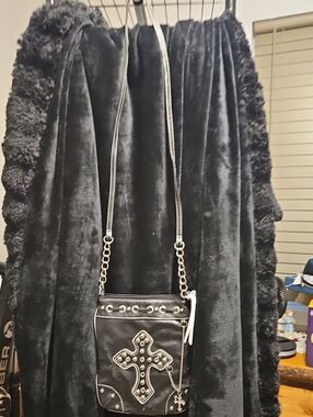 Black Cross Embellished Leatherette Crossbody Bag